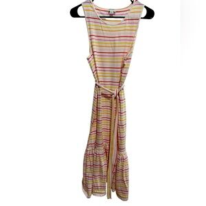 J. Crew Colorful Striped Sleeveless Dress with tie belt and ruffle bottom.